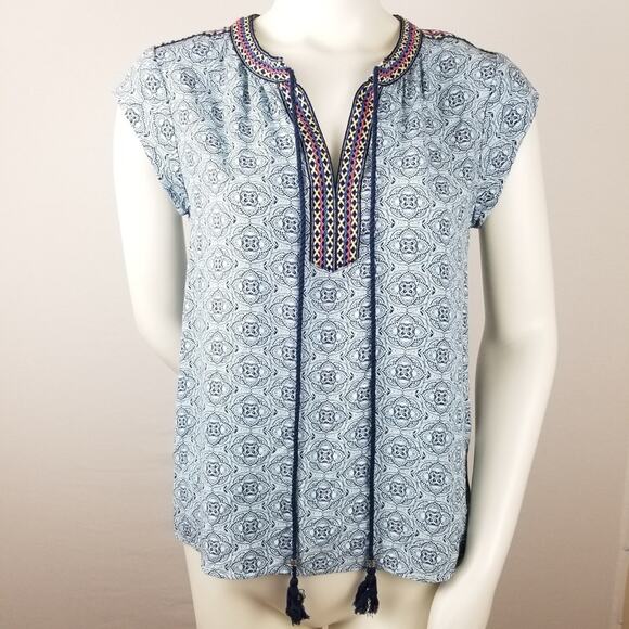 DR2 Daniel Rainn Boho Embroidered Shirt Top S Hi Lo Tassels Popover - Picture 1 of 8